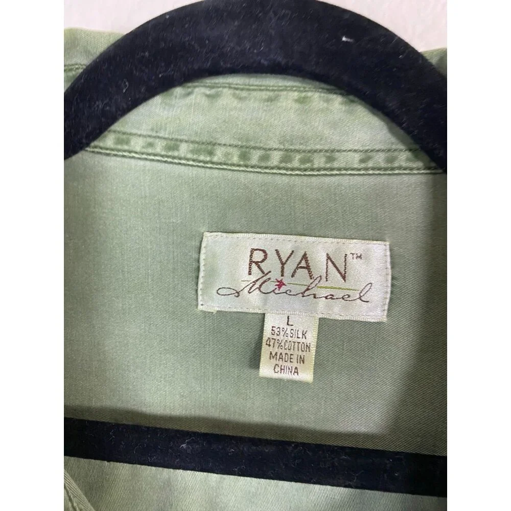 Ryan Michael Men Silk Blend Green Button Up Shirt Size Large Long Sleeve Western - Picture 16 of 16